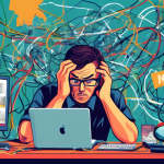 A frustrated business owner surrounded by tangled wires and broken computer screens, with a magnifying glass inspecting a Google My Business logo that has an error message.