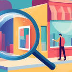 A magnifying glass hovering over a faded Google My Business storefront, with a confused business owner looking at it.