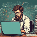 Create a detailed illustration of a frustrated programmer seated at a desk cluttered with coffee cups and coding books, staring at a computer screen filled with error messages and incomplete lines of