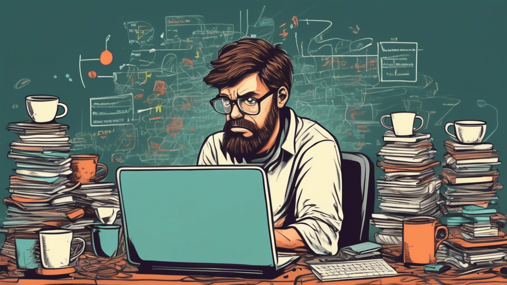 Create a detailed illustration of a frustrated programmer seated at a desk cluttered with coffee cups and coding books, staring at a computer screen filled with error messages and incomplete lines of