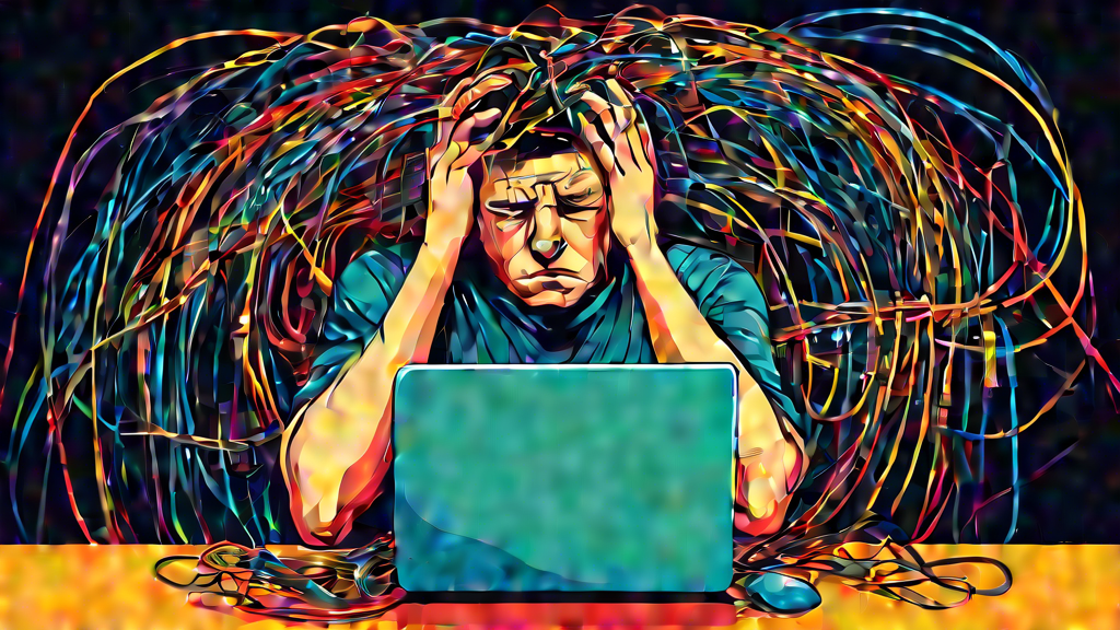 Prompt: A frustrated person sitting at a computer, surrounded by tangled wires and error messages related to authentication and product ownership. The person has their head in their hands, looking ove