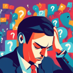 A frustrated business owner with their head in their hands, surrounded by floating question marks and a giant Google Business Profile logo emitting error messages.