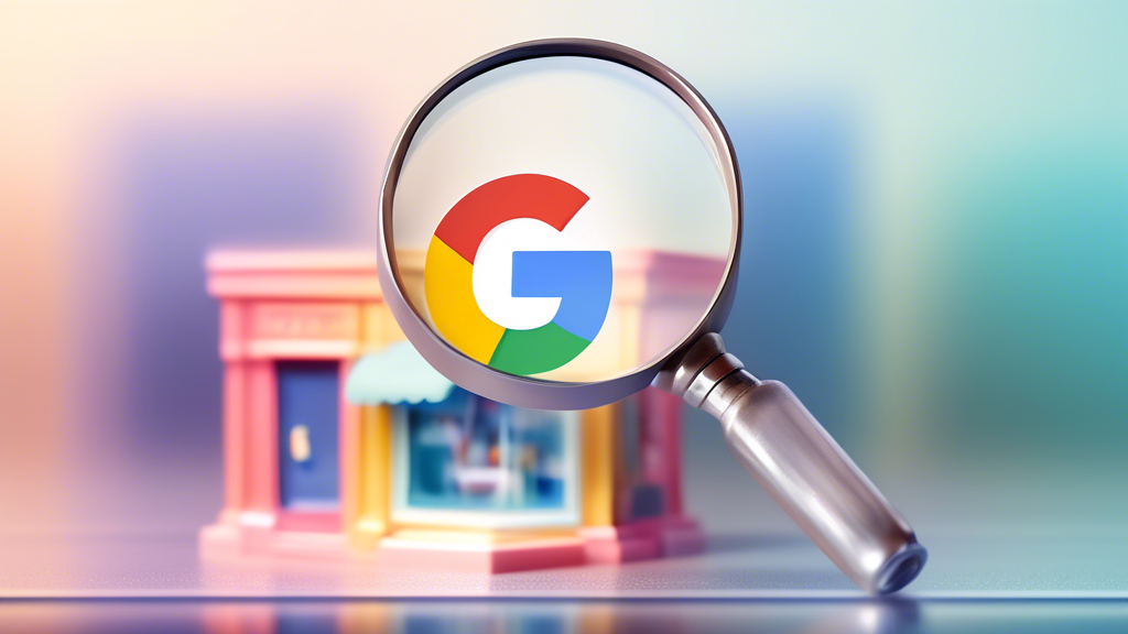 A magnifying glass hovering over a miniature Google My Business storefront, with a faded, translucent appearance, symbolizing low visibility.