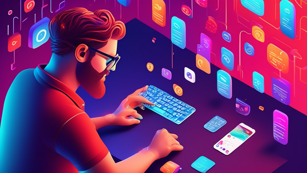 A photorealistic image of a developer using the Twilio API to send an SMS message. They are surrounded by colorful code and API documentation.