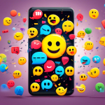 A smartphone with its screen cracked into the shape of the number 10 displaying a text message conversation filled with emojis.