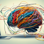 A brain made of tangled wires and cables plugged into a computer, with papers and documents flying around it.