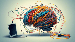 A brain made of tangled wires and cables plugged into a computer, with papers and documents flying around it.