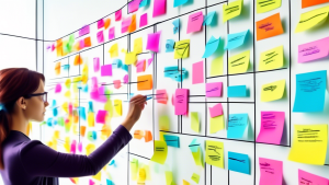 A hand drawing a flowchart on a glass wall with colorful sticky notes and connected arrows, illustrating a complex process.