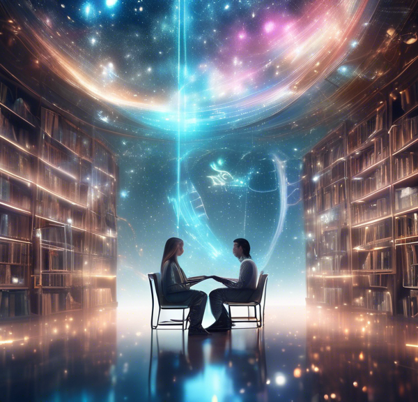 Create an image of a futuristic, ethereal library floating in space, filled with glowing books and holographic text. A pair of twin celestial beings, representing Gemini, are interacting with a comple