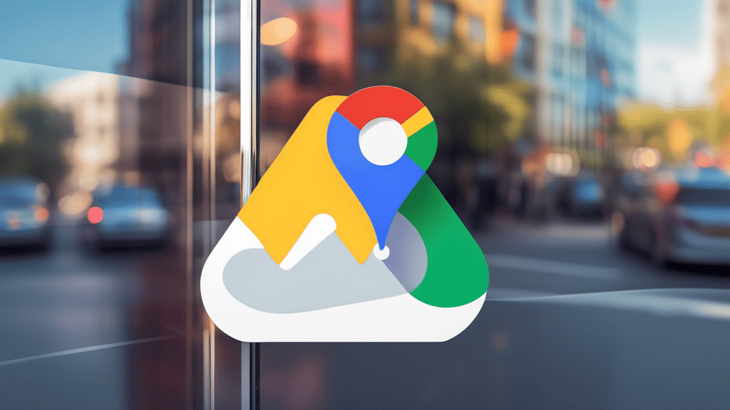 A storefront window with the Google Maps location pin icon overlaid on top of a reflection of the Google My Business dashboard.