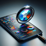 A magnifying glass hovering over a smartphone displaying a Google Business Profile with colorful analytical charts and graphs, representing growth and positive performance.