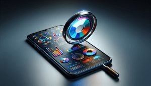A magnifying glass hovering over a smartphone displaying a Google Business Profile with colorful analytical charts and graphs, representing growth and positive performance.