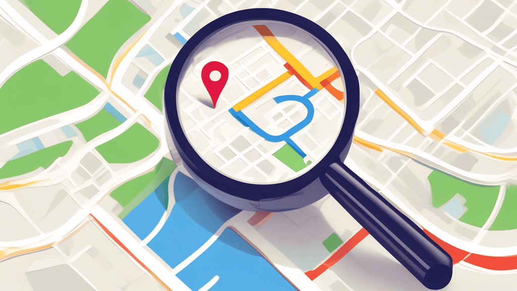 A magnifying glass hovering over a Google Maps location pin with text Business Profile underneath.
