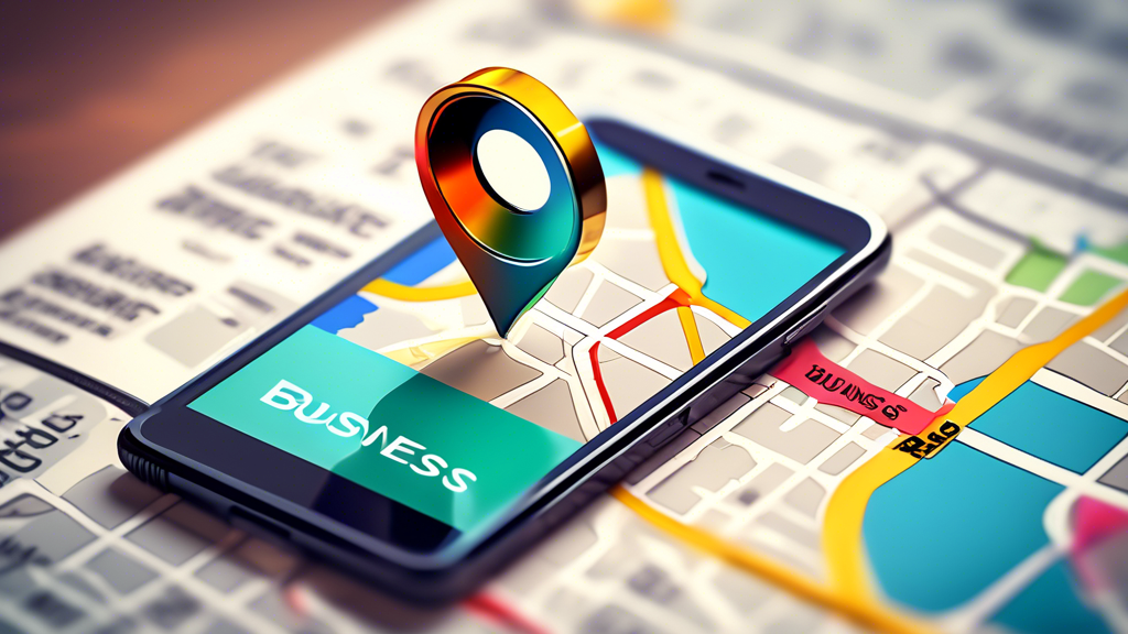 A storefront with a magnifying glass hovering over a Google Maps pin on a smartphone, with the words Business Profile appearing above.