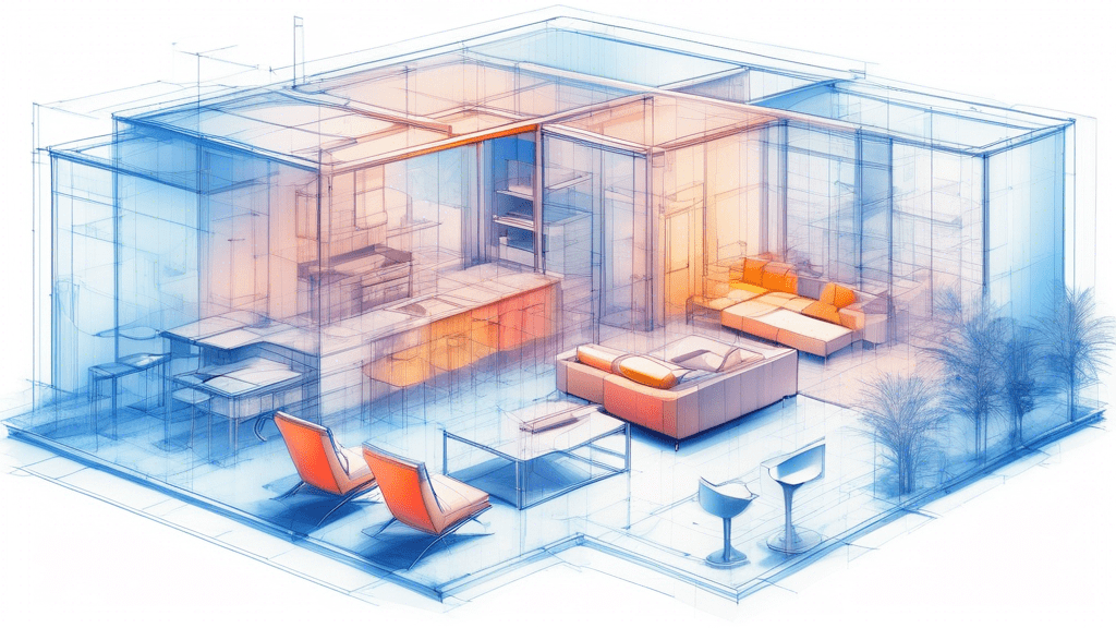 A blueprint of a house with translucent walls showcasing furniture placement.