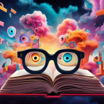 Create an image depicting a giant, whimsical book with eyes and glasses, floating in a surreal dreamscape filled with colorful, swirling clouds and abstract shapes. The book appears to be hallucinatin