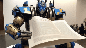 A giant transformer robot reading a scroll titled Language Models.