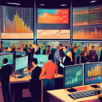 Create a detailed and professional illustration of a bustling stock market trading floor with diverse business professionals engaging in analytical discussions, screens displaying complex financial gr