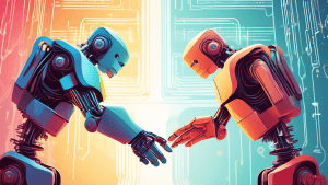 A digital illustration of a handshake between two robots, with lines of code forming the background.