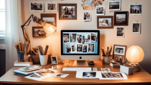 Create an image of a cozy study or home office with a desk cluttered with memorable photos, Polaroids, and picture frames. Highlight the snapshots depicting ordinary yet special moments like birthday