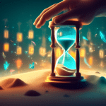 A hand reaching out to touch a glowing hourglass with sand flowing through it, surrounded by floating clocks showing different times.