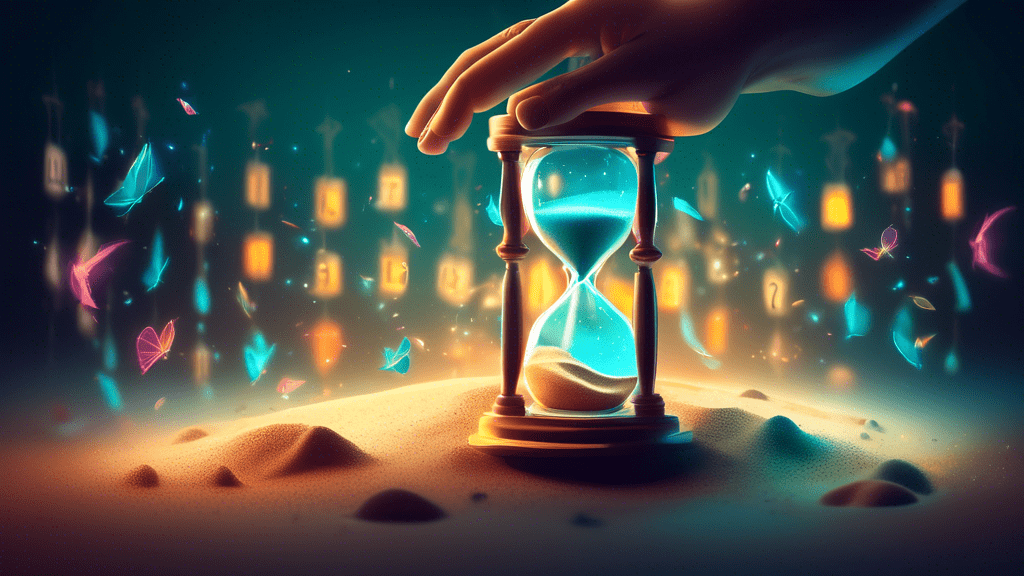 A hand reaching out to touch a glowing hourglass with sand flowing through it, surrounded by floating clocks showing different times.