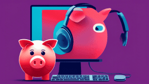 A piggy bank wearing headphones, sitting in front of a computer monitor that displays the Twilio logo and a phone icon.