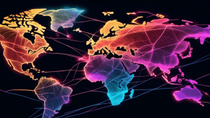 A phone overlaid on a map of the world with interconnected glowing lines representing communication.