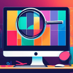 Create an image depicting a magnifying glass hovering over a computer monitor filled with various colorful graphs and charts. The screen should also show user profile icons and website analytics in th