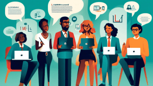 Create an informative and visually engaging illustration that explains What LLM Stands For. The image should depict multiple people holding and interacting with various digital devices (laptops, table