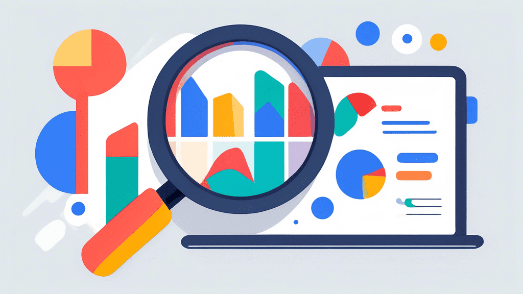 A magnifying glass hovering over a Google My Business report with charts and graphs, designed in a minimalist and modern style.