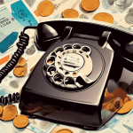A vintage AT&T Universal Card laying on a rotary phone, surrounded by scattered coins and a crumpled phone bill.
