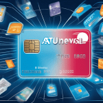 A detailed illustration of the AT&T Universal Card, showcasing its features such as the chip, magnetic stripe, and logos. The background includes a visual representation of various benefits such as tr