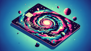 A vintage AT&T Universal Card floating in space with a swirling galaxy background and planets orbiting the card.