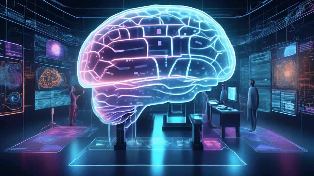 Create a detailed illustration of a futuristic data analysis lab filled with advanced technology. At the center, display a large, glowing holographic brain symbolizing a decoder-only language model (L