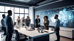 Create an image depicting a diverse team of professionals in a modern office setting, collaborating around a large digital screen displaying a sophisticated AI interface. The team is discussing variou