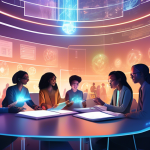 Create an illustration that showcases a diverse group of students and professionals engaging with a large language model (LLM). The scene should be set in a futuristic, high-tech learning environment