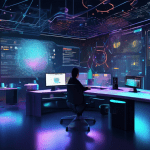 Create an image depicting a high-tech, futuristic workspace with a large computer screen showing GitHub Copilot in action. Surrounding the screen are visual representations of machine learning models,