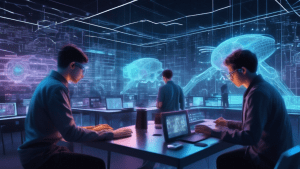 Create an image showing a futuristic digital laboratory with a holographic representation of GitHub Copilot. The scene includes engineers and data scientists examining glowing, floating code snippets