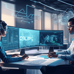 Create an artistic illustration of a friendly AI assistant named 'Copilot' positioned at a computer, working alongside a diverse group of professionals. The AI's interface displays sophisticated langu