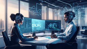 Create an artistic illustration of a friendly AI assistant named 'Copilot' positioned at a computer, working alongside a diverse group of professionals. The AI's interface displays sophisticated langu