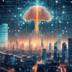 Create an image illustrating the concept of the rise of Large Language Model (LLM) Artificial Intelligence. Show a futuristic cityscape with towering digital structures made of binary code and circuit
