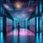 Create an image showing a futuristic data storage facility filled with holographic representations of neural networks and large datasets. The facility is equipped with towering servers, glowing data s