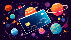 A credit card floating in the cosmos surrounded by planets and stars