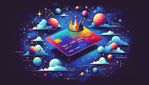 A credit card hovering in space, surrounded by planets and stars, with a crown on top of it.