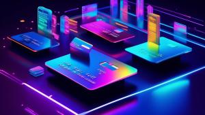 DALL-E Prompt: A sleek, modern credit card with a holographic surface reflecting various payment icons like cash, credit cards, and digital wallets, floating in a futuristic, neon-lit cityscape, symbo