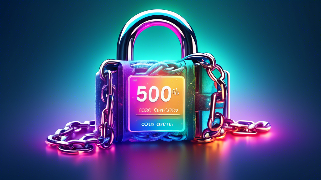 A padlock wrapped in a chain with a glowing coupon code unlocking it.