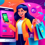 Create an illustration that features a shopping website interface with vibrant colors and a sleek design. Show a happy person holding shopping bags and a smartphone displaying the latest coupon codes.