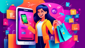 Create an illustration that features a shopping website interface with vibrant colors and a sleek design. Show a happy person holding shopping bags and a smartphone displaying the latest coupon codes.
