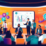 An energetic business seminar scene where a speaker is presenting to an engaged audience. The presentation screen displays charts and graphs with headings like 'Customer Loyalty', 'Key Insights', and